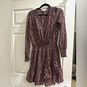 Michael Michael Kora mini dress ruffle hem, faux wrap dress with smocked waist